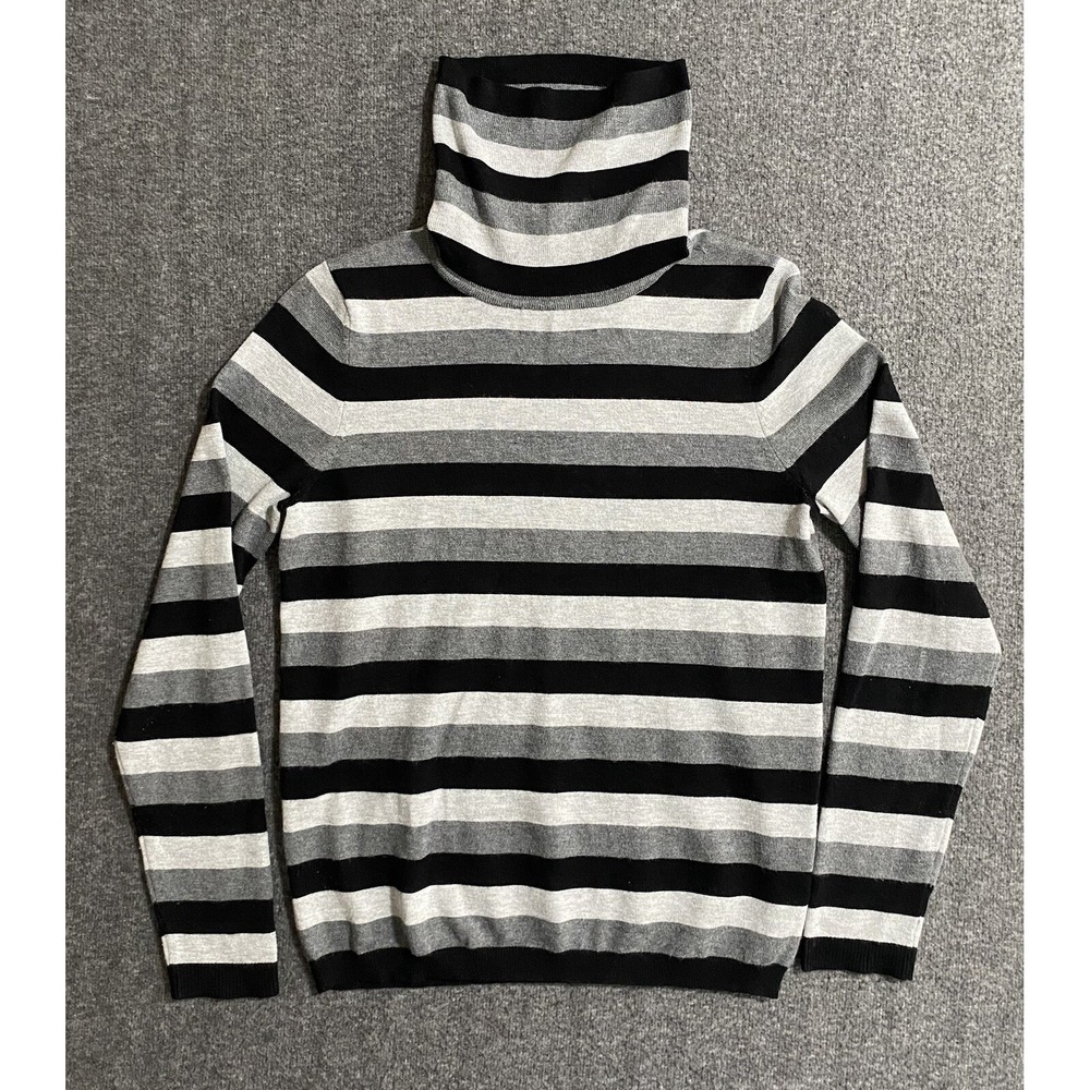 Retrology Womens Striped Turtleneck Sweater Black Grey White Soft Knit Size S